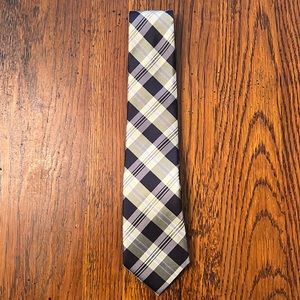 Class Club gold label boys silk tie, blue/green plaid, approx 50”, like new